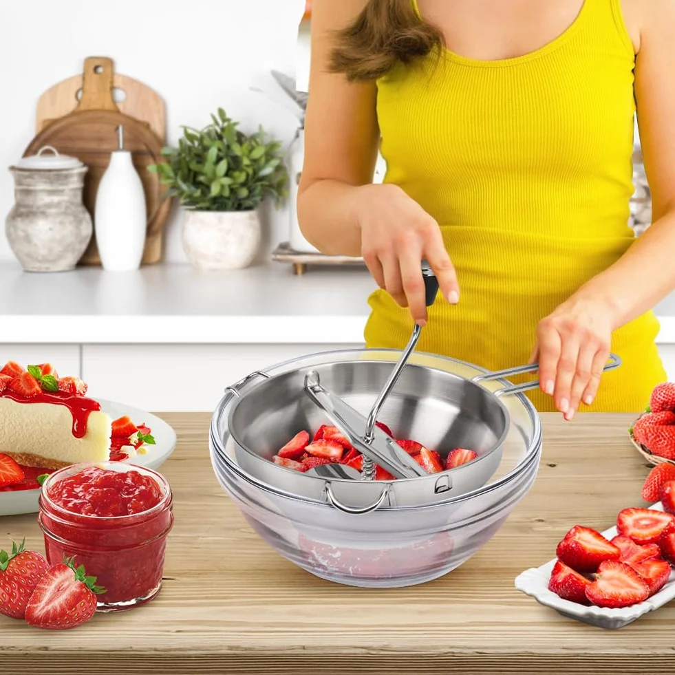 Molinillo de alimentos de acero inoxidable, prensa de patatas con 3 placas de trituración intercambiables, trituradora manual de alimentos, molinillo de cocina para macerar, tamizar frutas