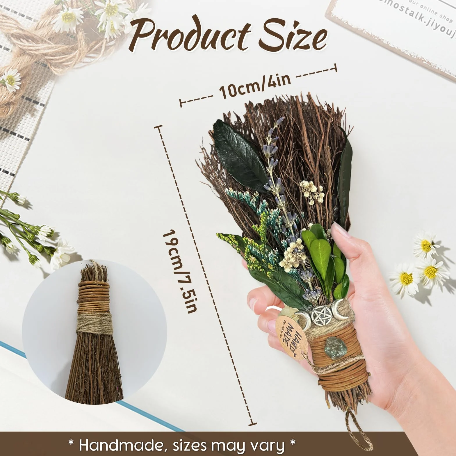 19cm de Escoba de Canela, Mini Escoba Decorativa para Fiesta Temática con Flores Secas Verdes Escobas de Bruja Retablos Wicca Cristal Mágico Natural, Accesorio para Ceremonias Mágicas