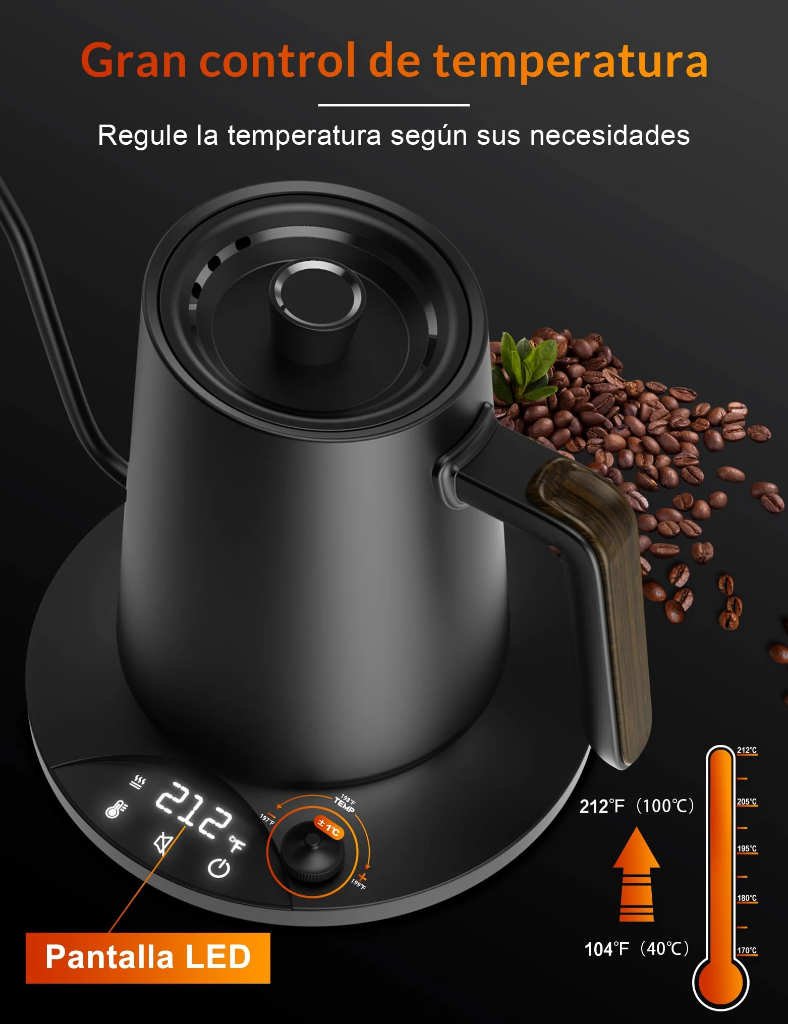 Hervidor de agua de acero inoxidable con ajuste de temperatura, hervidor de cuello de cisne, 24-horas tetera eléctrica con indicador de temperatura, hervidor de café, 0,9L, 1200W