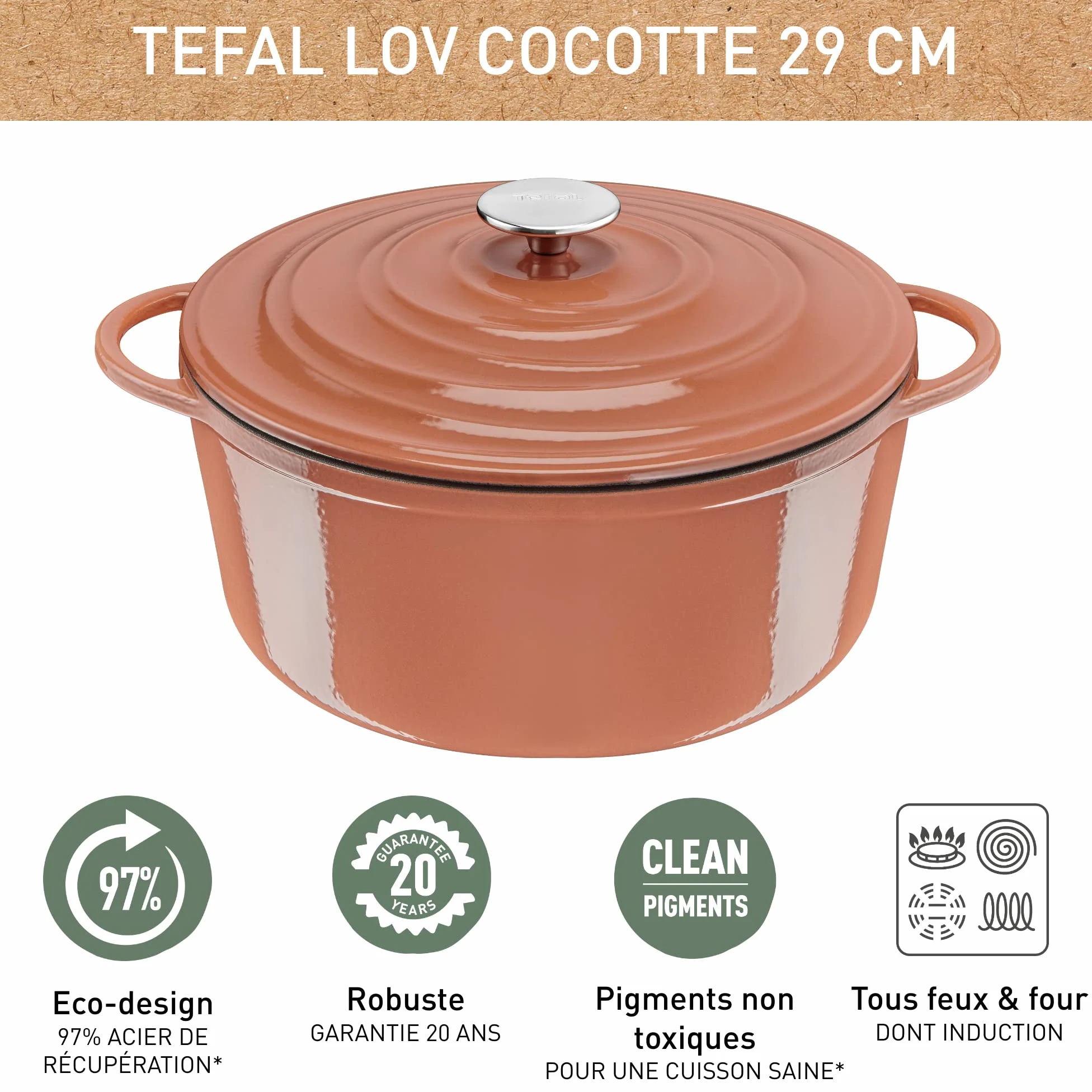 Tefal LOV E2600504 - Cacerola de hierro fundido esmaltado con tapa, 29 cm, 7,4 L, horno holandés, todo tipo de fuegos, olla de hierro fundido, ollas de cocina, aptas para lavavajillas, terracota,
