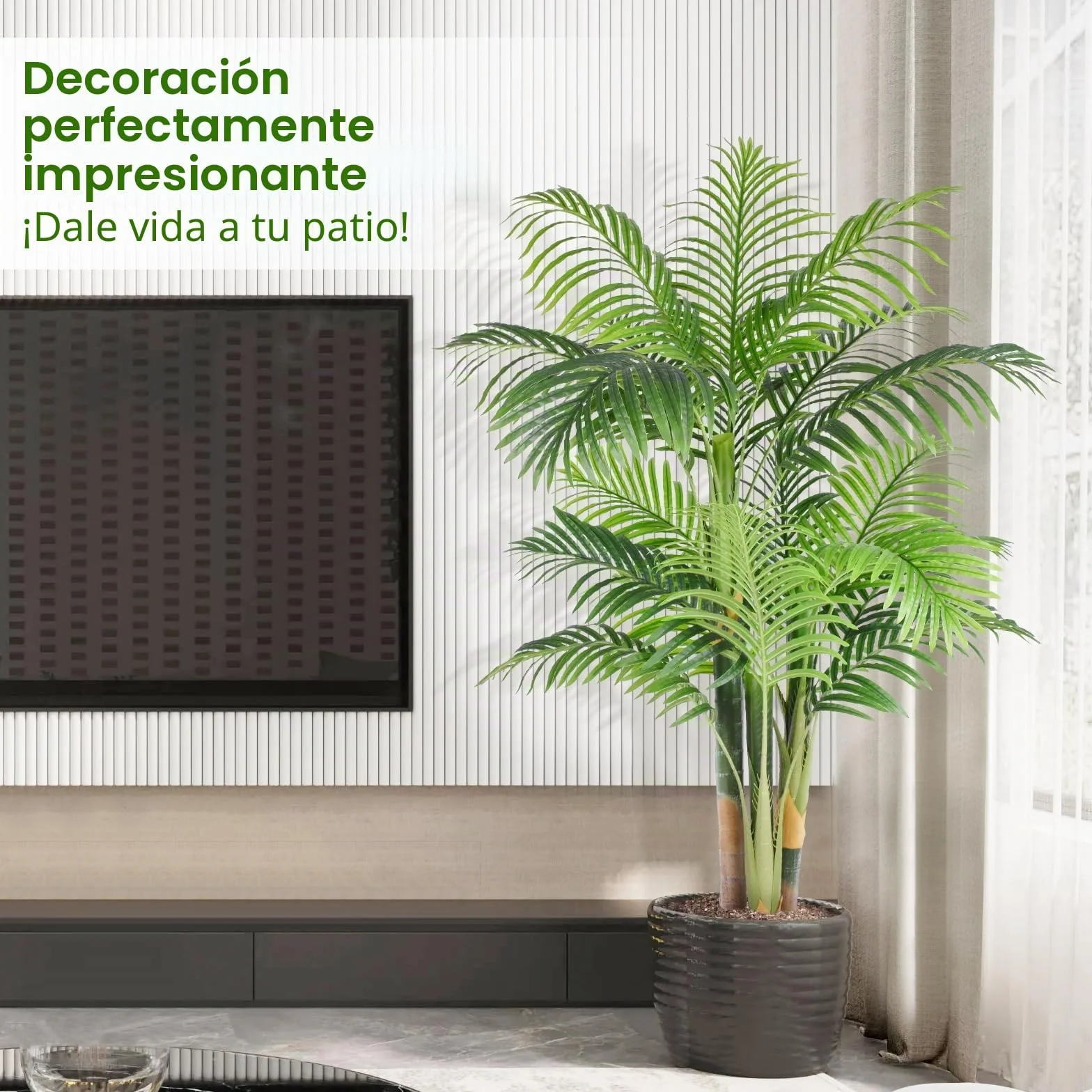Palmera Artificial Triple Dorado 150cm, Planta Artificial Exterior Grande, arbol Artificial Interior o Exterior Alta para Patio Junto a la Piscina Césped Oficina Salón Balcón Jardín (1Pack)