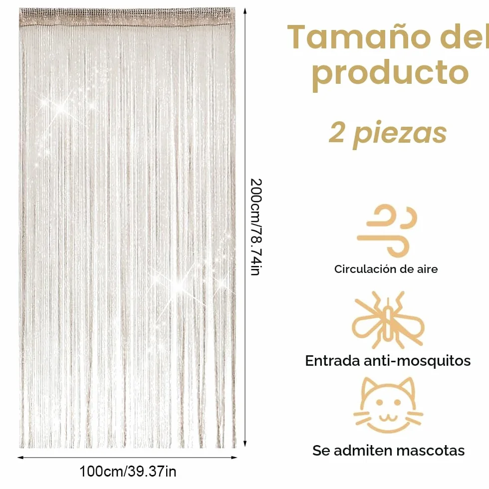 2 Stück Fadengardinen Set, 100 X 200 cm Fadenvorhang Glitzer, Champagnerfarbener Fadengardine Balkontür Fliegengitter, Zimmer Fransenvorhang Geeignet für Hochzeiten, Cafés, Restaurants, Türen