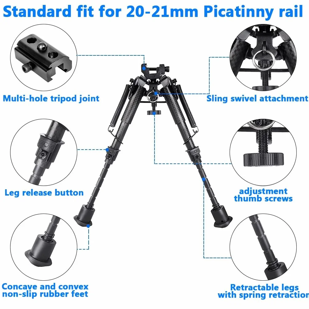 Bípode Táctico Ligero Fibra Carbono Altura Ajustable 15-23 cm Patas Muescas Adaptador Riel