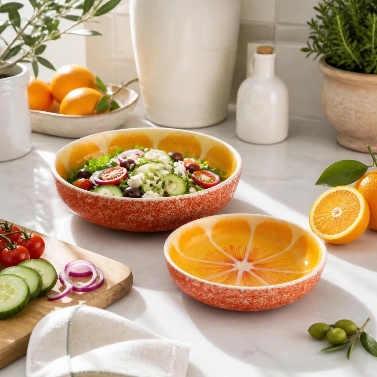 Ensaladera Naranja cerámica pack de 2, bowls grandes 28 cm para ensaladas, fruta y mesa mediterránea