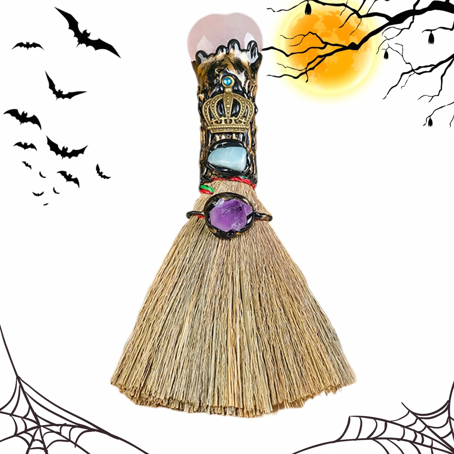 Escoba de altar de bruja | Escoba de bruja en forma de corazón de cristal para altar | Escoba de bruja para decoración del hogar, adornos curativos de Fengshui para el hogar, coche, oficinas, altar