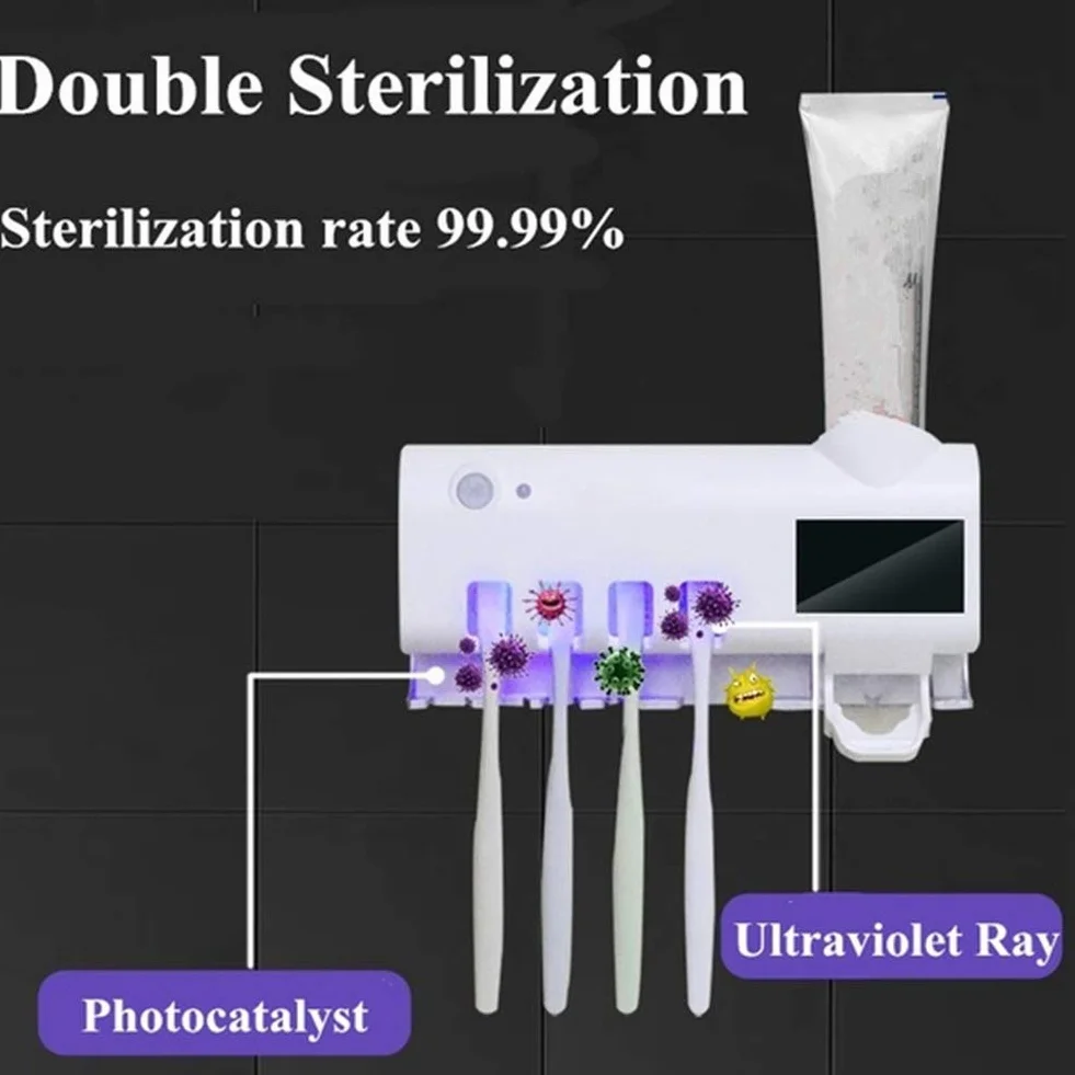 Soporte desinfectante para cepillos de dientes con dispensador automático de pasta de dientes, tecnología de inducción corporal, incluye 5 soportes esterilizadores para cepillos de dientes sin