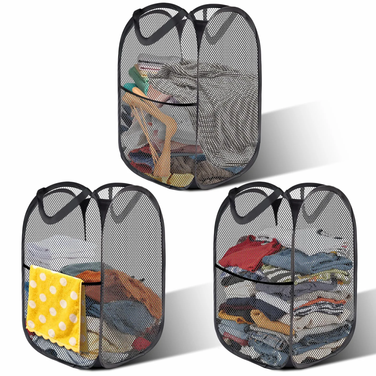 3 cestas para la colada plegable, cesto para la ropa portátil Pop-Up, cestas de lavandería de malla, 36 x 36 x 58 cm, apto para el baño, el camping, color negro
