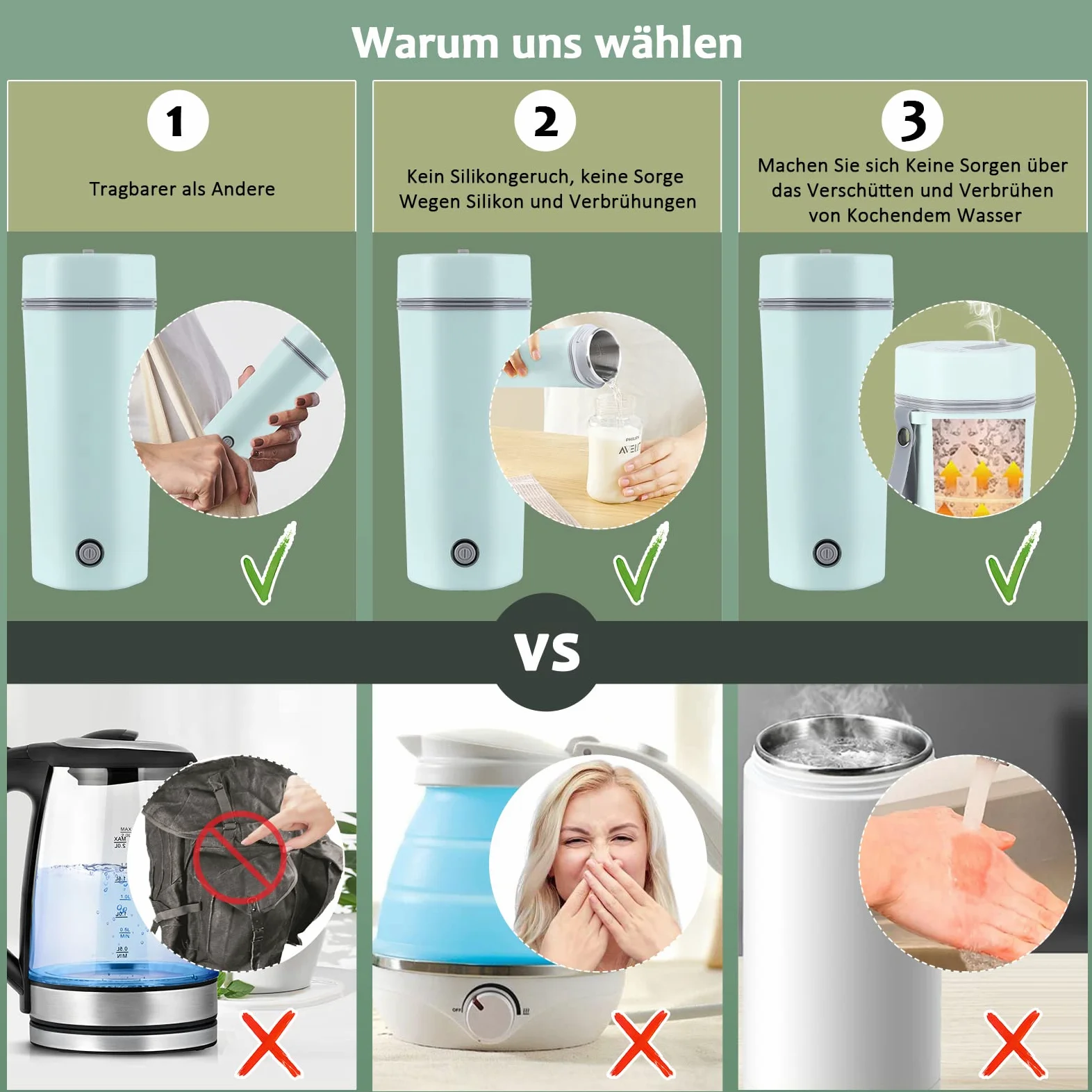Garvee Hervidor eléctrico portátil para café y té - Acero inoxidable 304 - Calentamiento rápido y seguro - Ideal para viajes y oficina - Diseño compacto - Capacidad 400ml - Apagado automático - Green