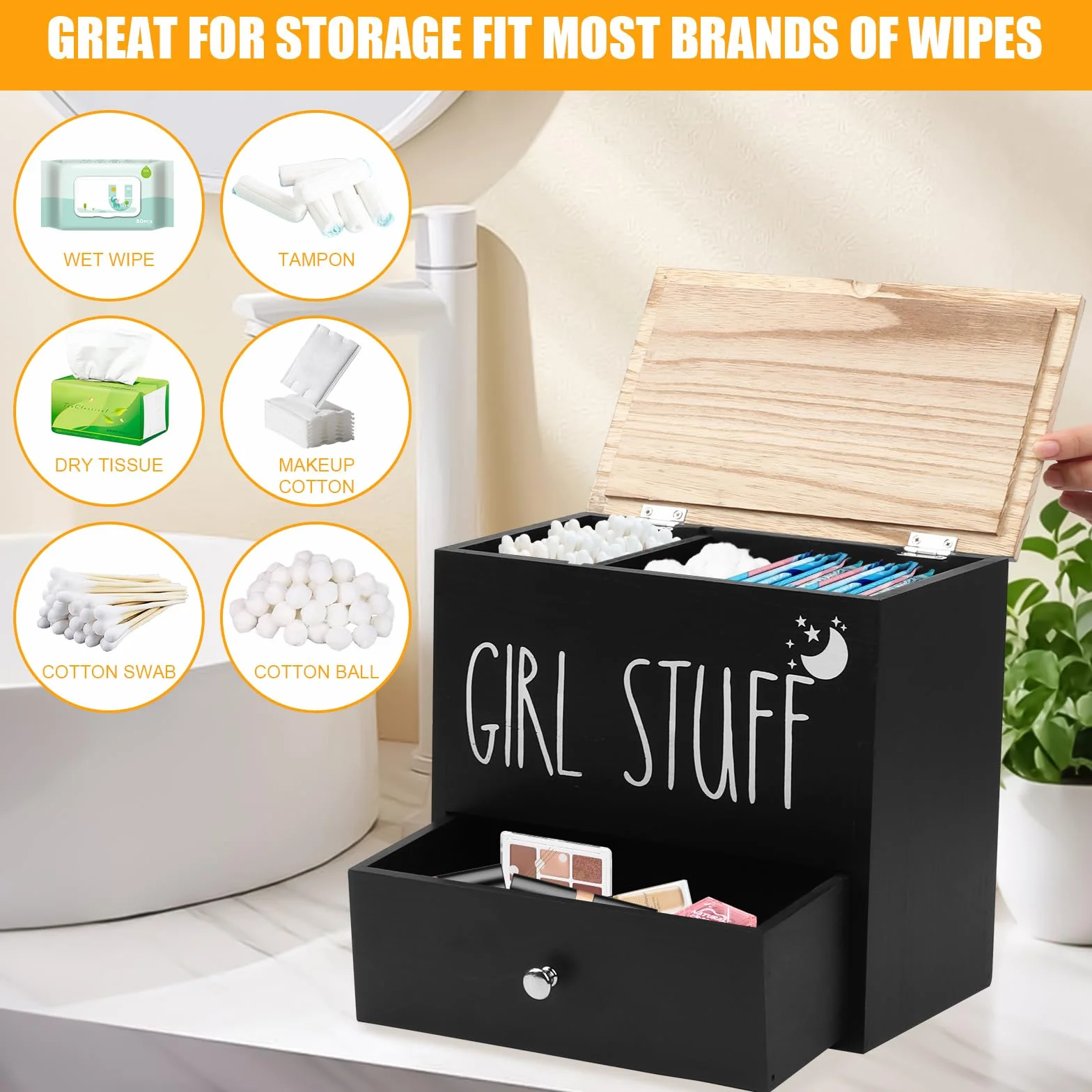 Caja Para Compresas y Tampones, 2 Compartimentos Caja Tampones con Tapa Organizador de Compresas y Tampones Dispensador de Almohadillas de Algodón para Baño, Tocador, Salón, Nergo