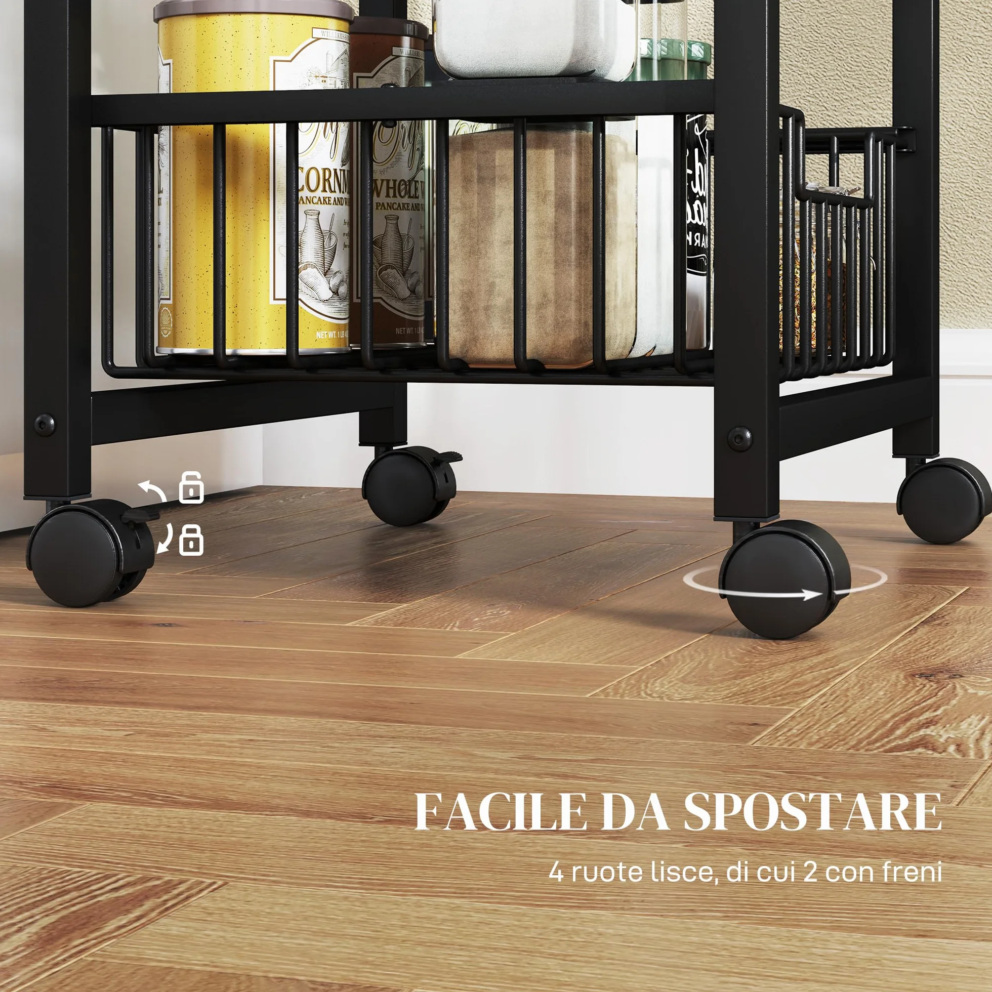 HOMCOM Carrito de Cocina Carrito Verdulero para Cocina con 3 Cestas Deslizables y Marco de Acero Carrito Auxiliar con Ruedas para Comedor 49,5x31x69 cm Gris Claro