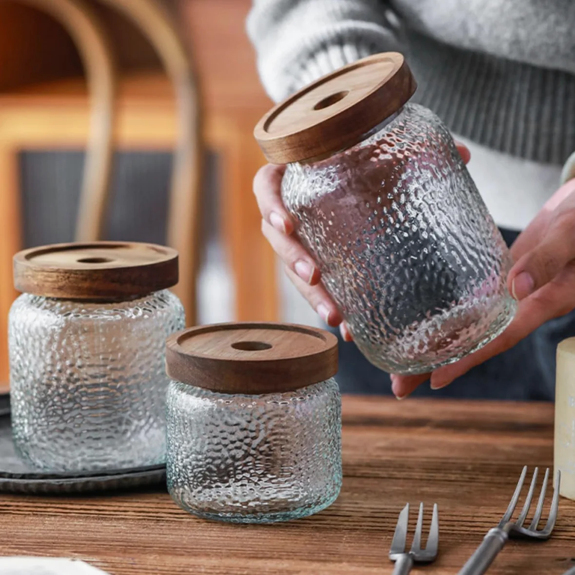 Tarros Herméticos Capacidad 350ml, 500ml y 700ml Juego de 3 de Vidrio con Tapa de Madera de Acacia Recipientes Multipropósito para Almacenamiento de Café y Té