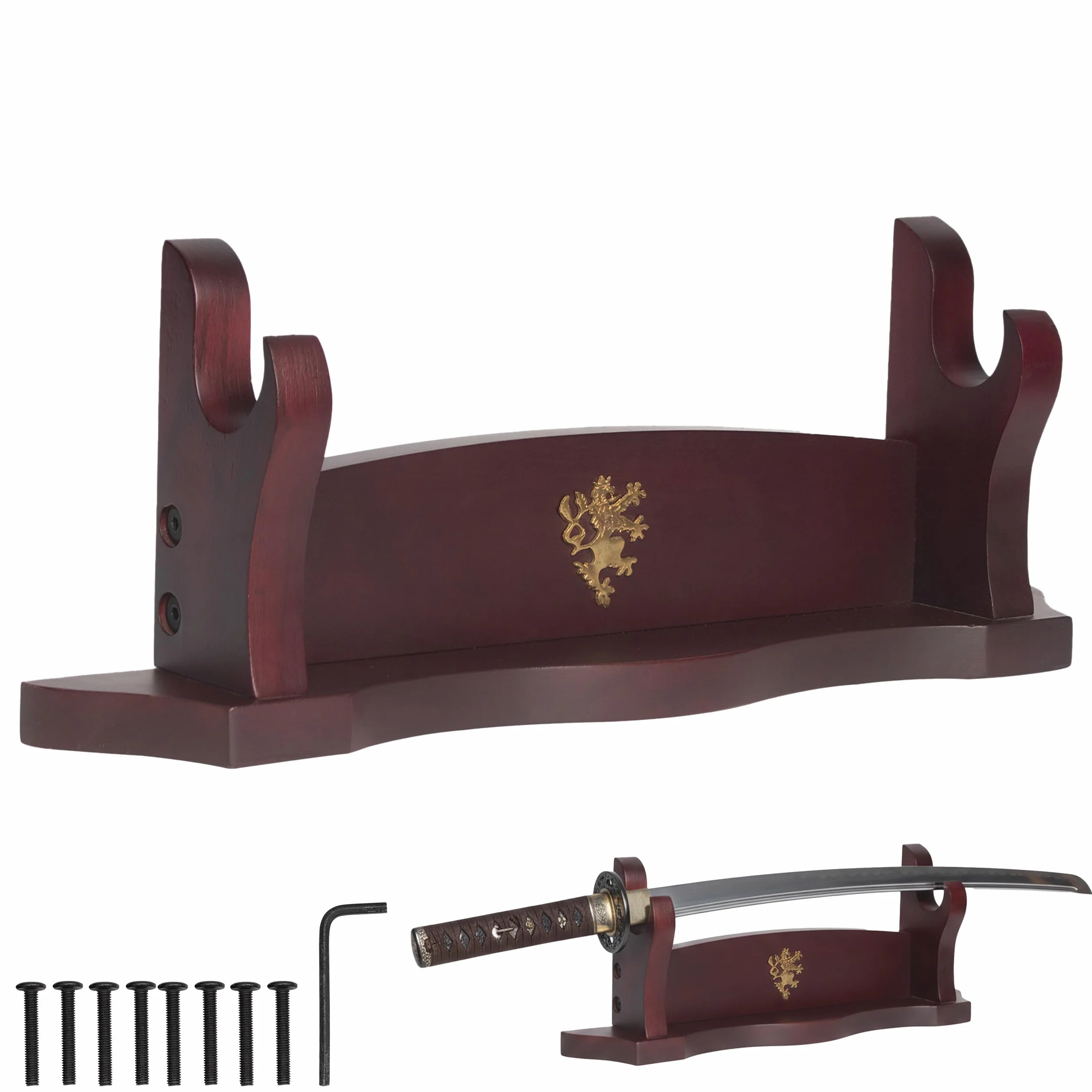 Mythrojan Medieval Sword Stand Solid Wood Horizontal Display Rack for Katana Samurai Dark Brown