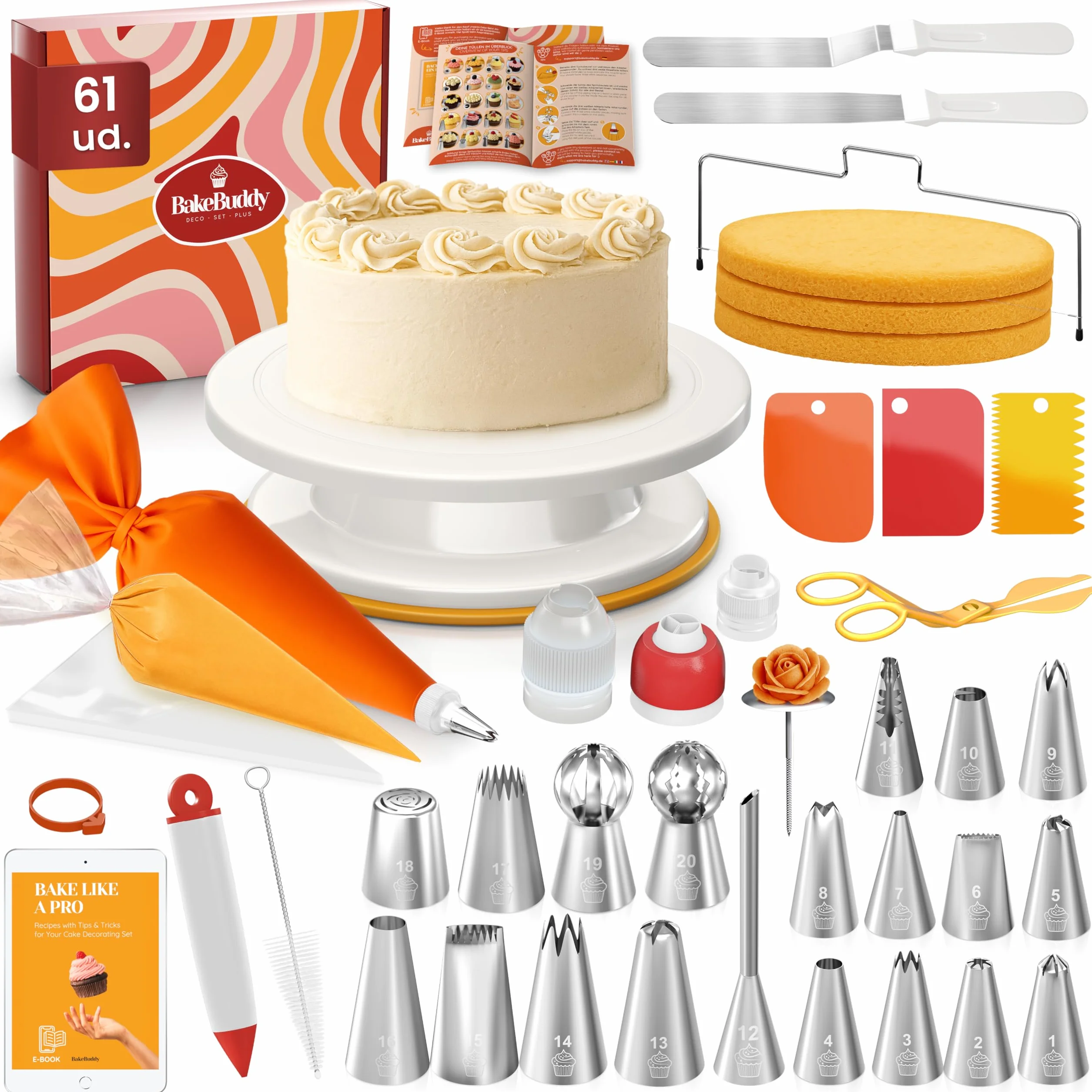 Kit Repostería y Pastelería 61 Piezas - Plato Giratorio Tartas Boquillas Acero Inoxidable Manga Pastelera Espátulas Utensilios