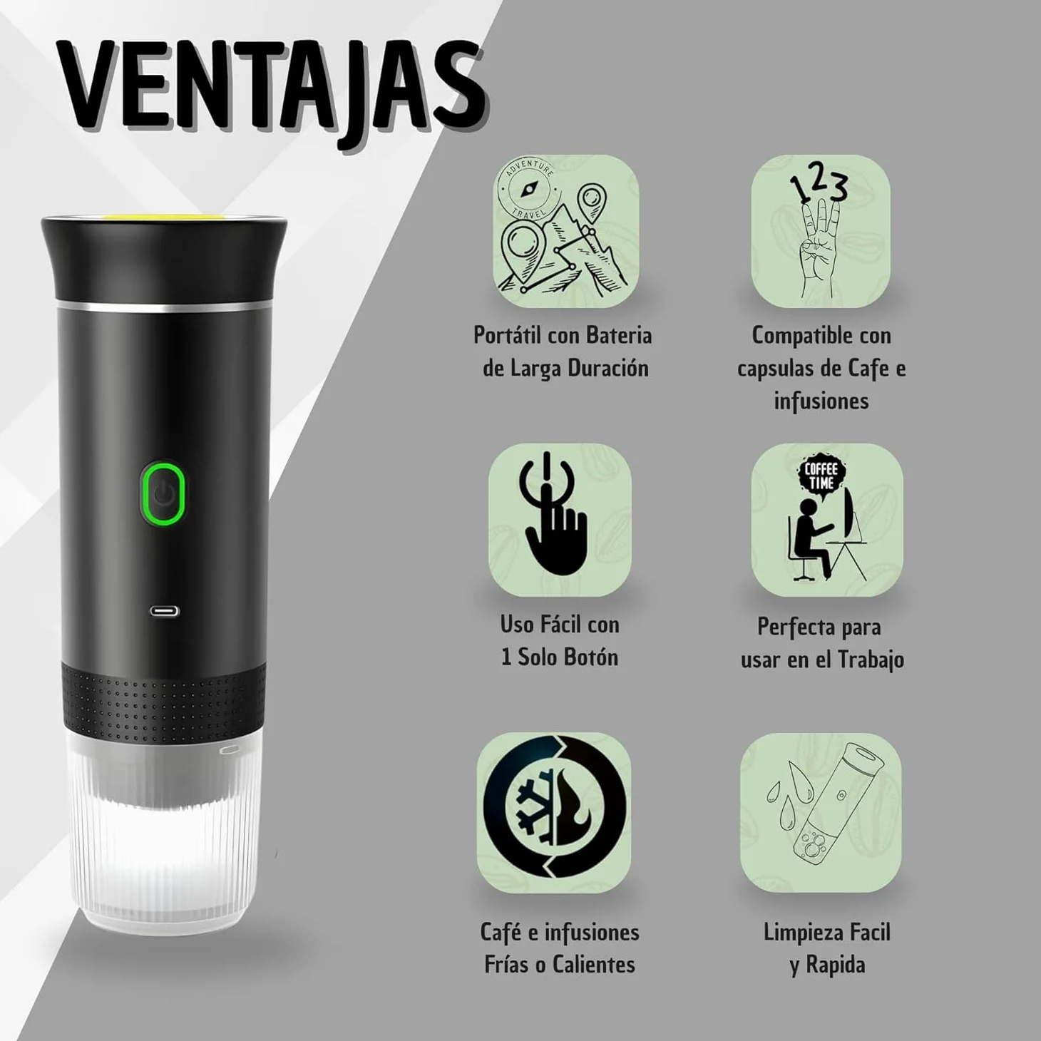 Genérico Cafetera Portátil Cápsulas 3 en 1 – Compatible con Cápsulas Pequeñas y Grandes + Café Molido – Autocalentamiento Rápido – Ideal Viajes, Oficina y Camper. (Negro)