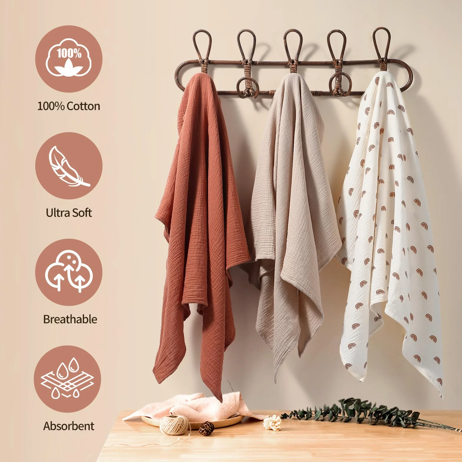 Muselina Manta Bebé 100x100cm, 3 Piezas Grande Mantas Swaddle de Muselina de Algodón, Suave & Respirable Manta Envolvente Bebe para Recién Nacidas, Unisexo (Arcoíris)