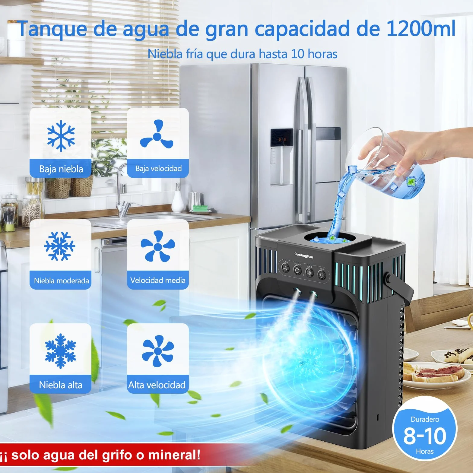 Aire Acondicionado Portatil Silencioso,1200ML Enfriador de Aire con Mando,3 Velocidades,3 Modos,2-8H Timer,7 LEDs,10W Climatizador Portatil Evaporativo para Dormitorios,Habitación,Oficina