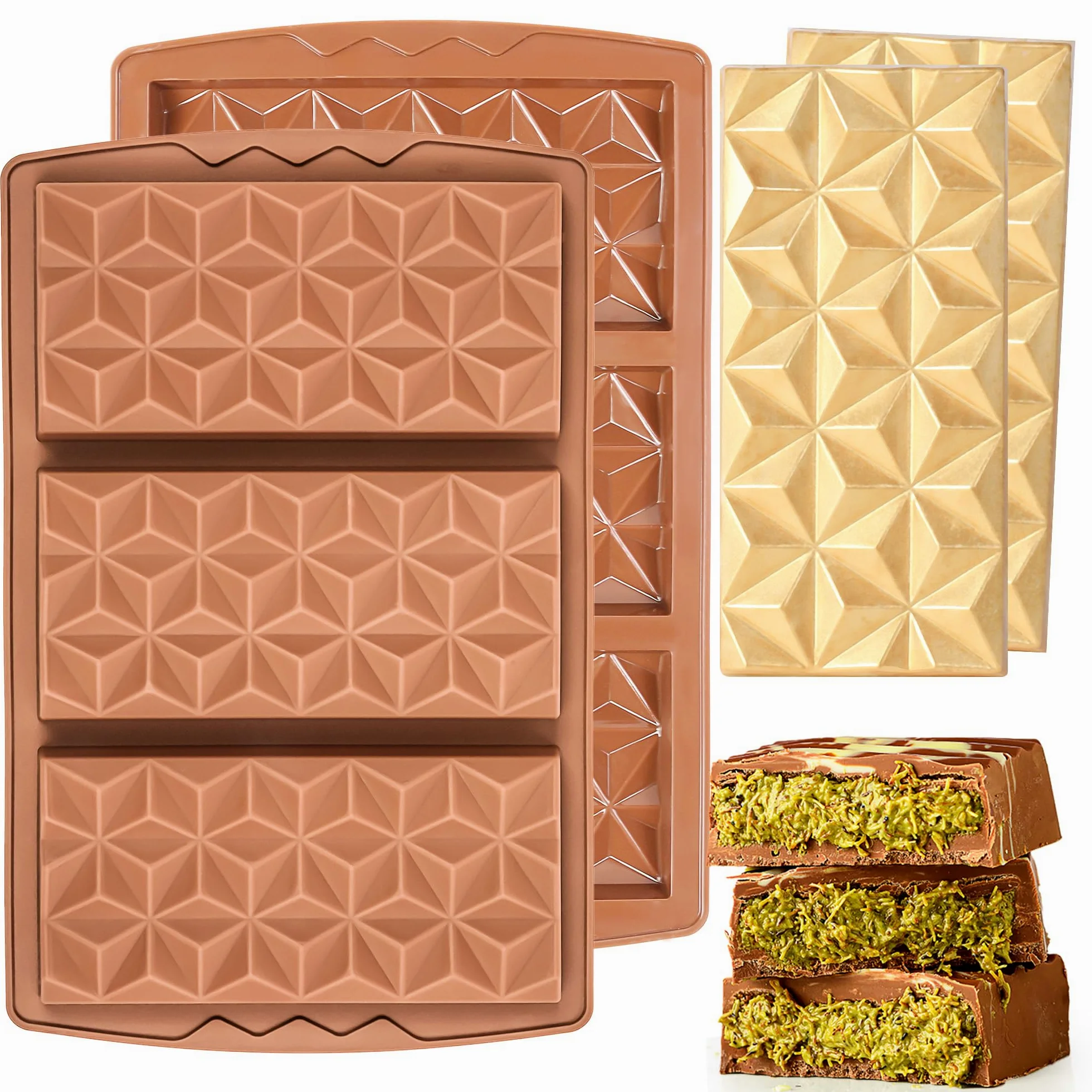 2 moldes de silicona de relleno grande para barra de chocolate de Dubái, para rellenar Knafeh Pistacho, barra de chocolate, moldes gruesos para caramelos, se rompen (forma de pirámide)