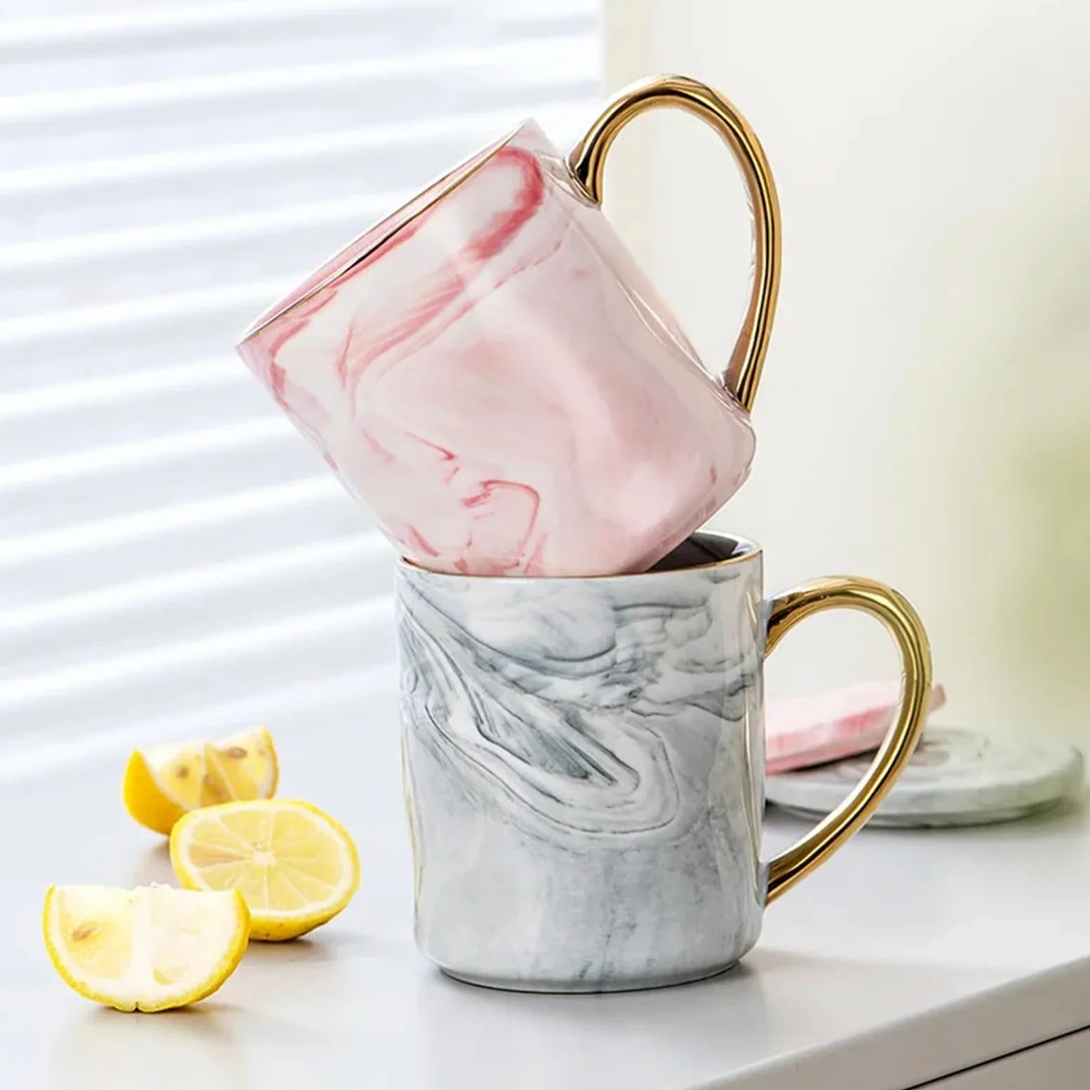 Taza de cerámica de 400ml, taza de café con borde dorado, taza de leche for té de avena for desayuno de aniversario de pareja, 1/2 Uds. Para Boda(2pcs pink blue)