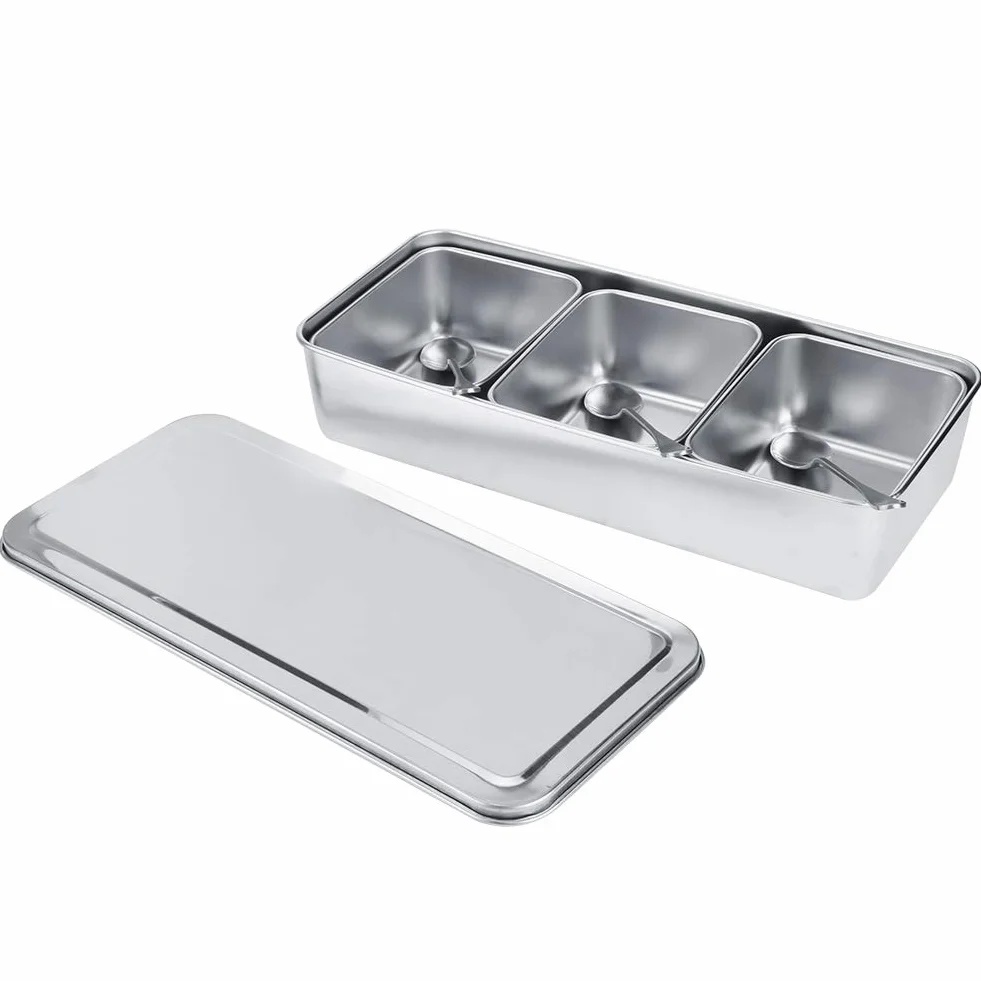 SIXRUN Caja de especias de acero inoxidable, juego de vidrio, tapa de cuchara, 3 rejillas para el hogar, contenedor de especias, cocina, restaurante