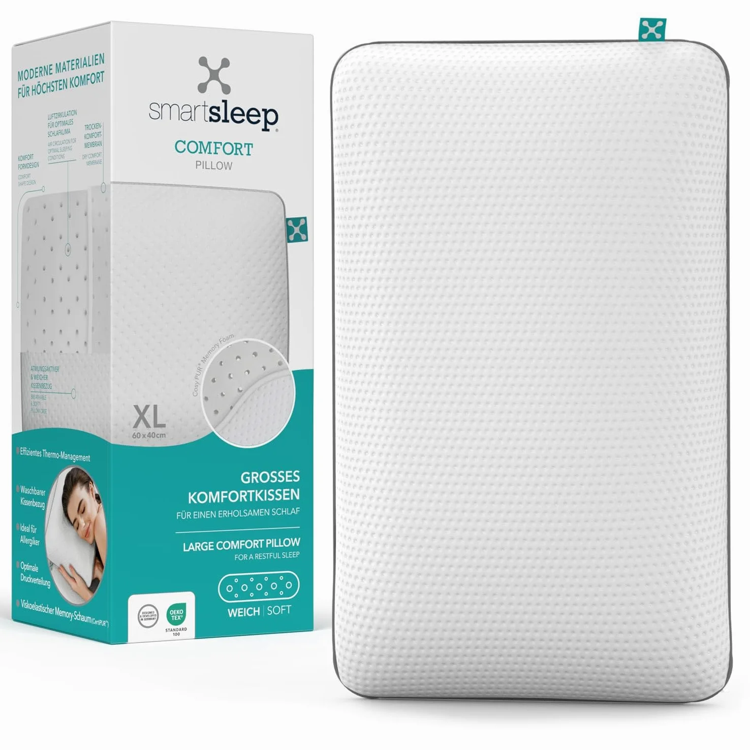 smartsleep® Smart Comfort Pillow I Comfort Cojín | Espuma viscoelástica | Características termorreguladoras | Buena función de apoyo, almohada para dormir de espalda y de lado, 60 x 40 x 13 cm
