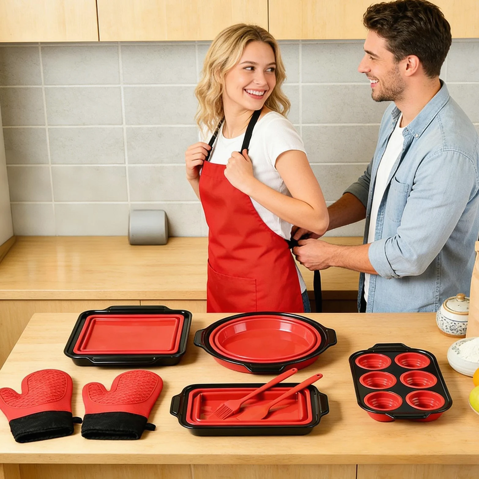 Genérico Molde de Silicona para Hornear Vajilla Flexible para Hornear | Incluye Guante, Espátula y Cepillo Resistente al Lavavajillas, para Magdalenas, Pan, Galletas, Cupcakes, Huevos, Donuts y