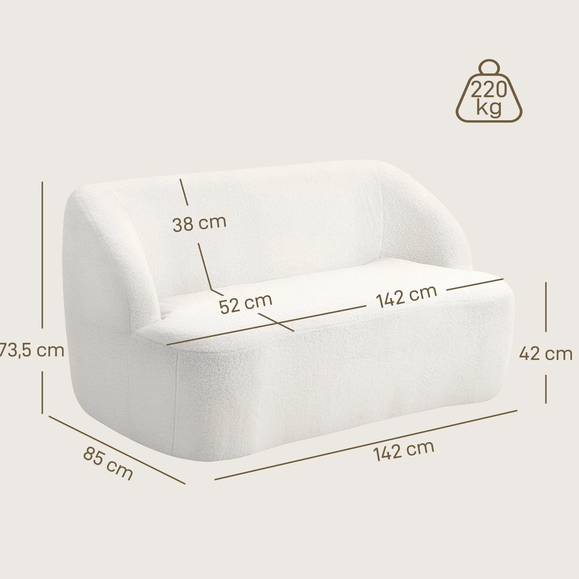 HOMCOM Sofá de 2 Plazas Tapizado en Borreguito Sofá de Salón de 142 cm con Diseño Curvo Acolchado Grueso No Requiere Montaje para Dormitorio Sala de Estar Oficina Crema