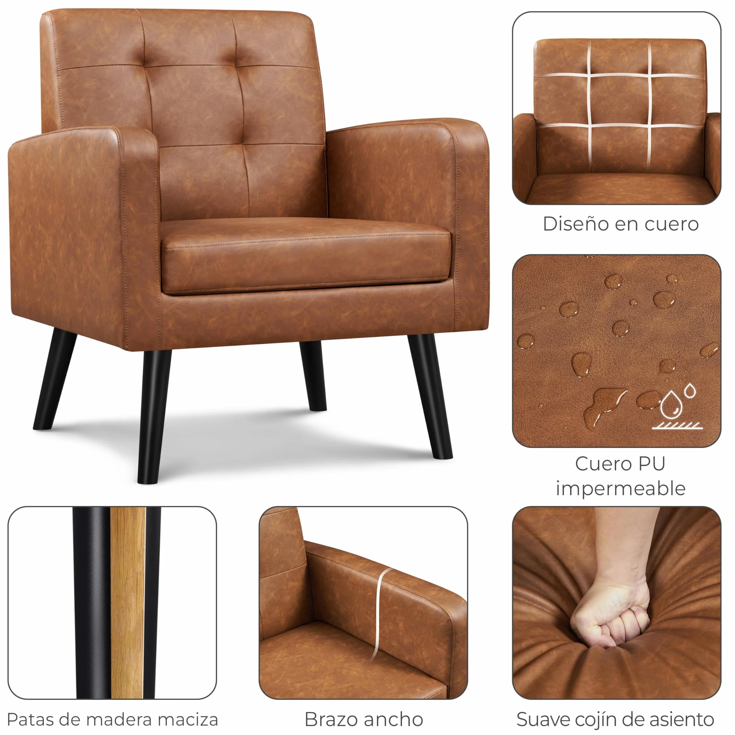 Yaheetech Butaca de Salón Sillón Lectura Tapizada en PU con Respaldo Alto y Patas de Madera de Caucho Sillón Relax Moderno para Salón Dormitorio o Balcón Carga 136 kg Marrón