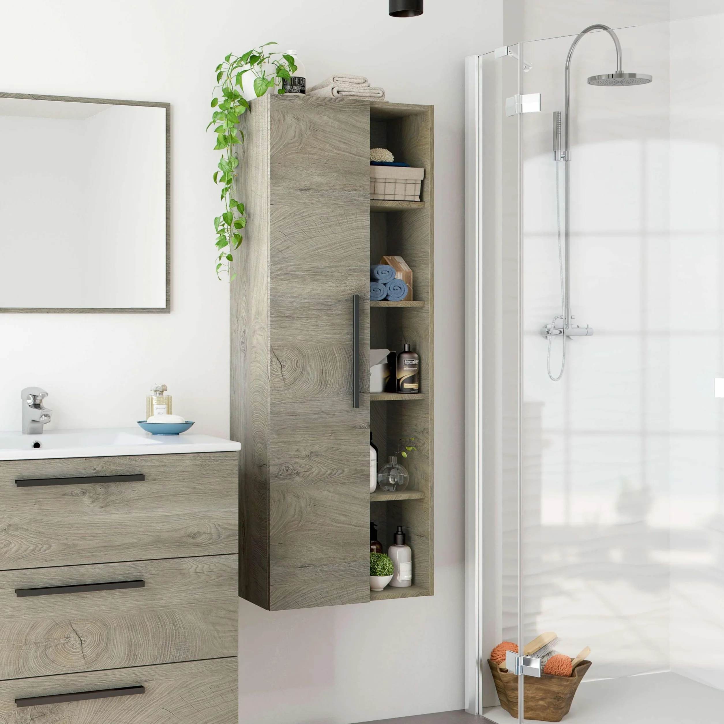 ARKITMOBEL - Columna de Baño Suspendida Grande con 1 Puerta y 7 Estantes, Armario Auxiliar para Baño, Color Roble Alaska, 135x51x25 cm - Modelo Athena
