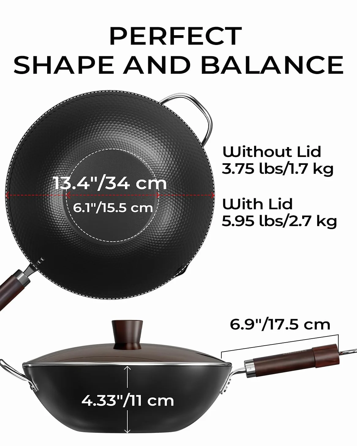 Wok de acero al carbono de 34 cm, tripol nitrurado, woks precocidos con fondo plano, antiadherente, wok japonés con tapa de cristal para todos los fuegos