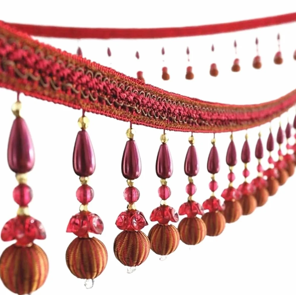 Cenefas con Flecos y Abalorios, Borde de Flecos con Cuentas, 5 Yardas, Multicolor, for Costura decoración del hogar DIY(Red)