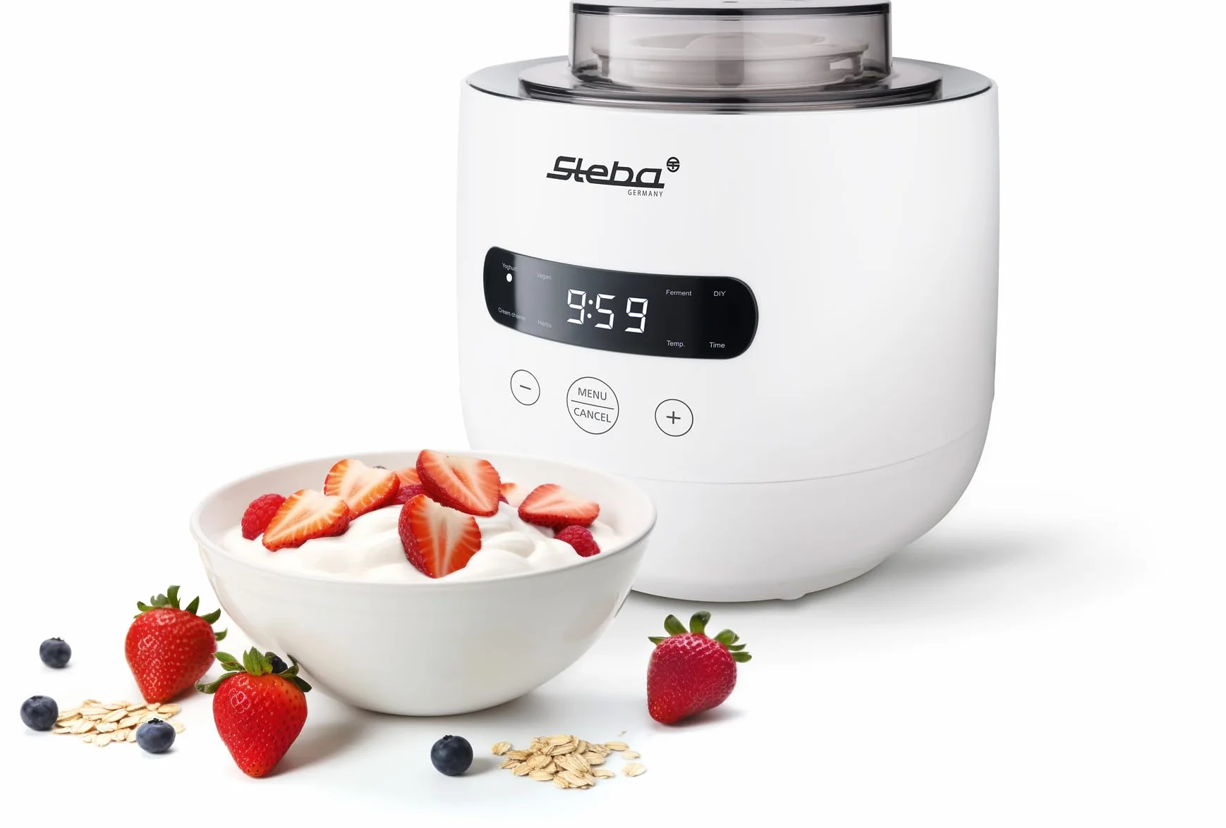 Yogurtera Steba para hacer yogur casero con una consistencia perfecta, 5 programas aromáticos, pies de goma antideslizantes y fácil limpieza. FERMENTO JM 4.