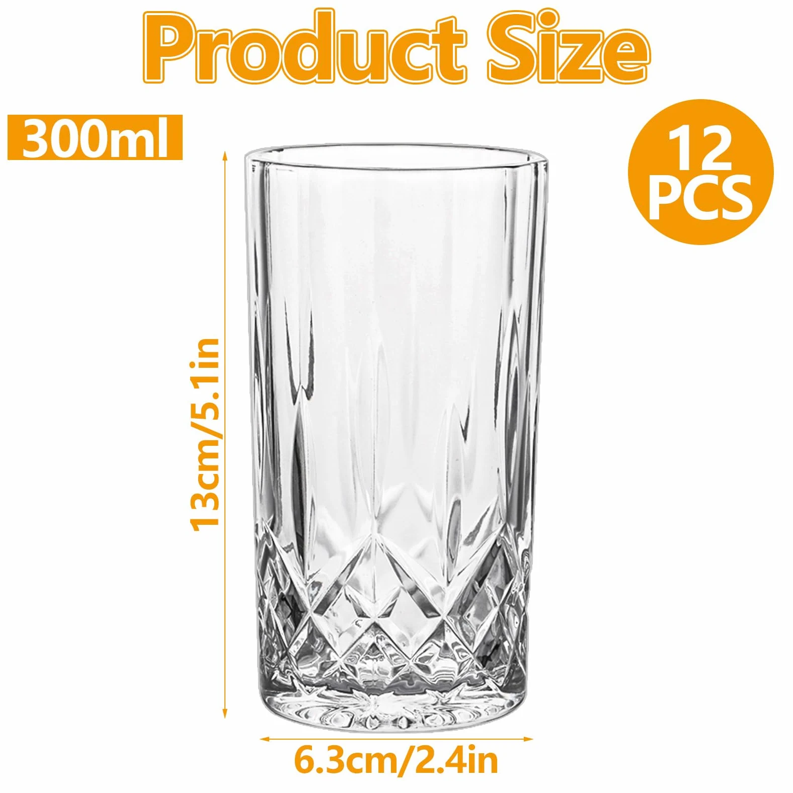 Juego de 12 vasos altos Highball, vasos altos de cristal de 300 ml, vaso transparente Hi Ball perfecto para agua, cócteles, jugo