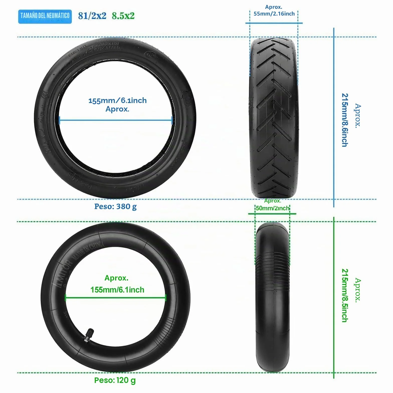 Xiaomi Ruedas y Cámara de Aire para Patinete 8.5 Pulgadas 50/75-6.1 Neumático de Repuesto M365 Pro 2 1S Essential