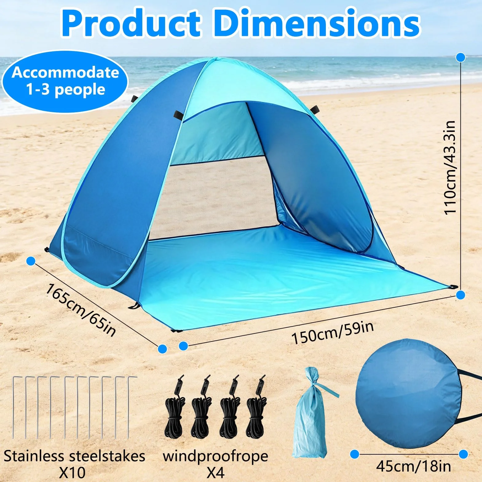 Carpa Playa Pop Up UV 50+ Protección Viento 1-3 Personas Bolsas Almacenamiento Clavos Suelo Azul