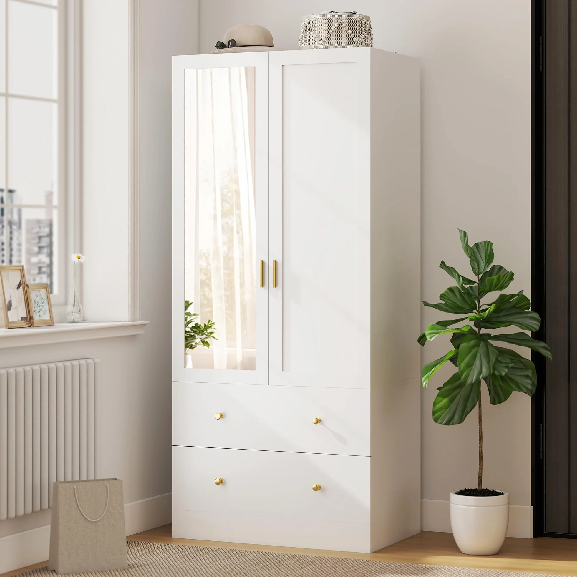 HOMCOM Armario Dormitorio 2 Puertas y 2 Cajones, Armario Ropero con Espejo, Barra para Colgar, Estilo Moderno, 80x50x180 cm, Blanco