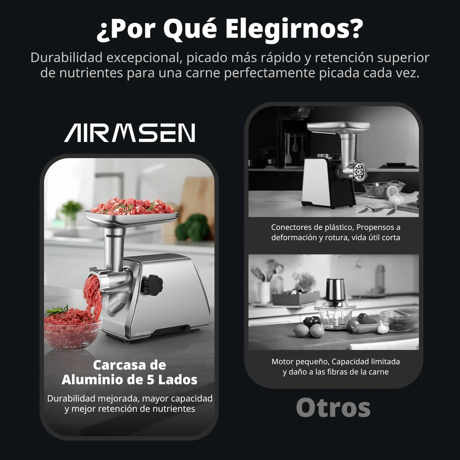 AIRMSEN Picadora de Carne Eléctrica, 2 Cuchillas de Acero Inoxidable, 3 Placas de Molienda y Accesorio para Embutir Salchichas Kubbe, Motor Silencioso, Fácil Limpieza, Ideal para Uso Doméstico (M)