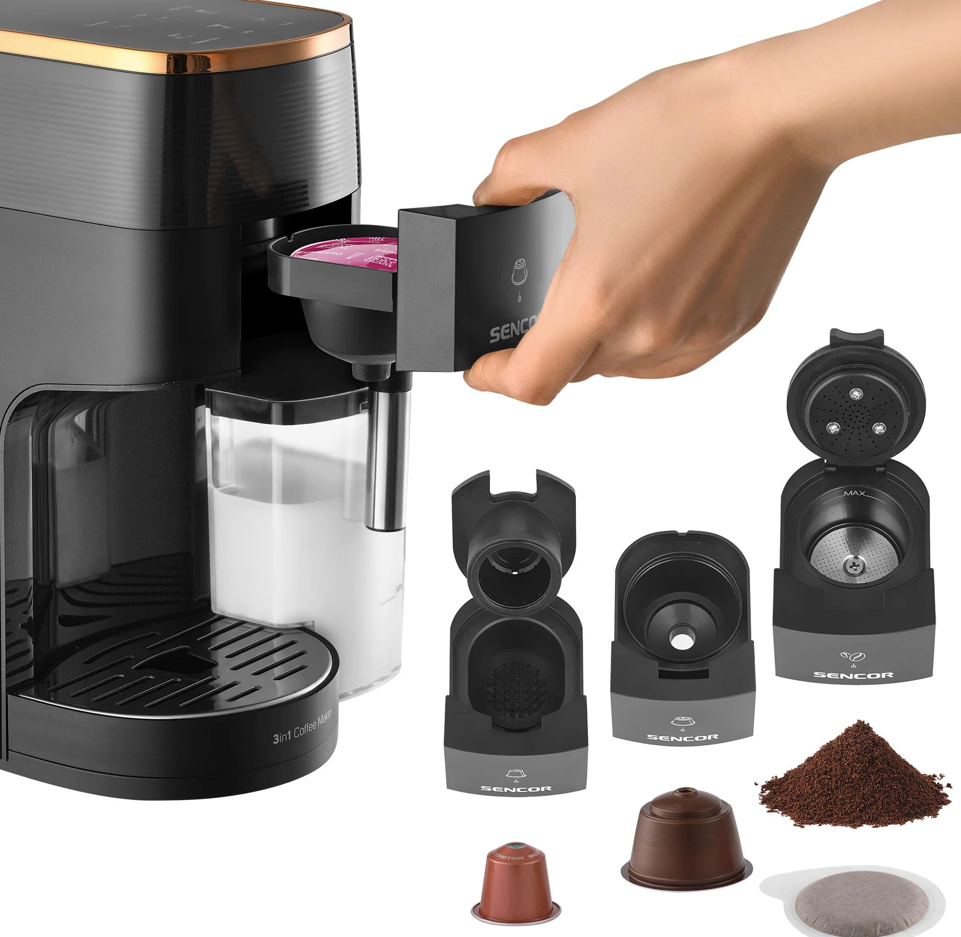 SENCOR Cafetera Multicápsulas 3 en 1, Compatible con Nespresso y Dolce Gusto, 19 Bares, 1450W, Pantalla LED, Negro