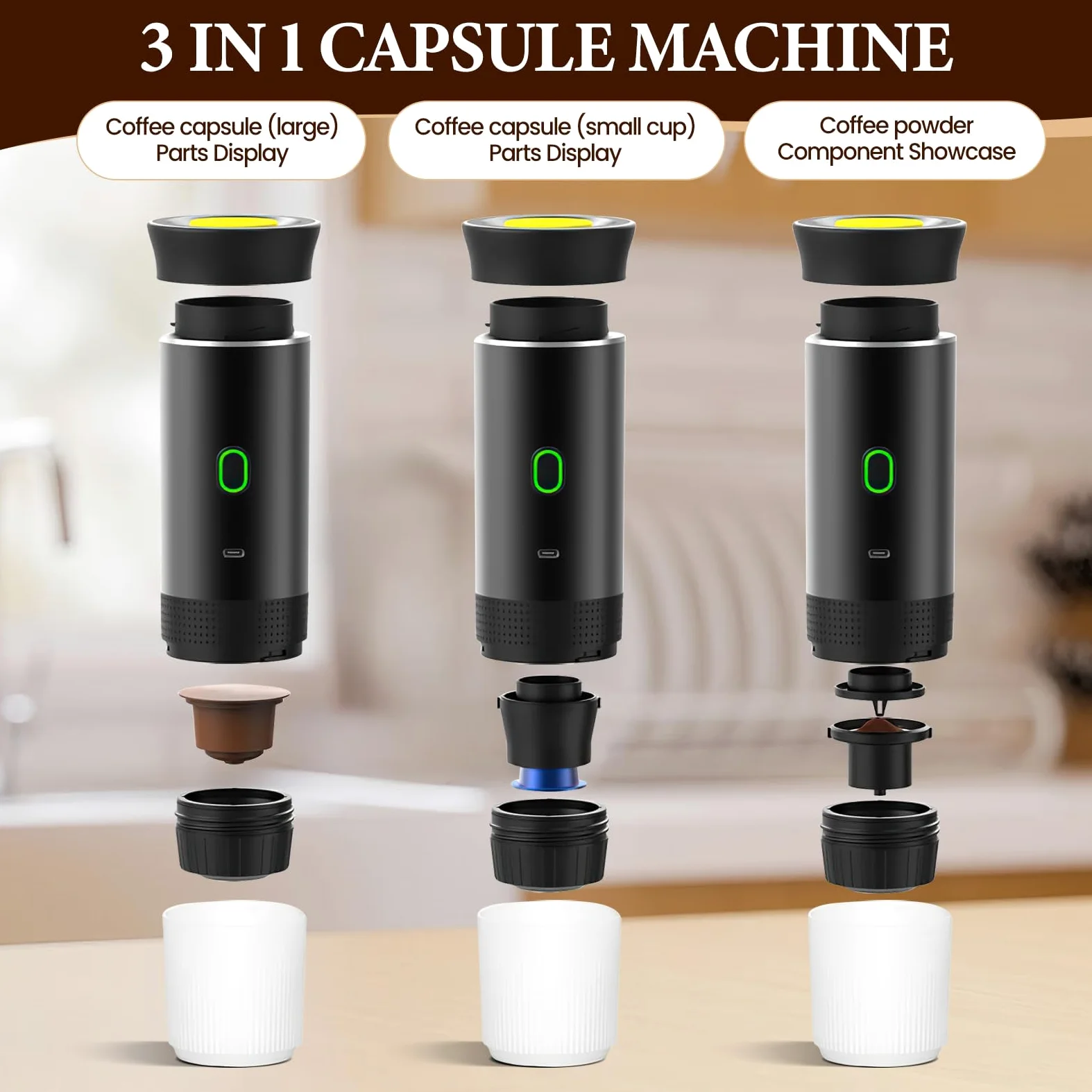 Kouamor Cafetera portátil, cafetera portátil, máquina de espresso, máquina de café eléctrica 3 en 1, cápsula grande, cápsula pequeña, café en polvo, para camping, caravana, oficina, hogar, coche