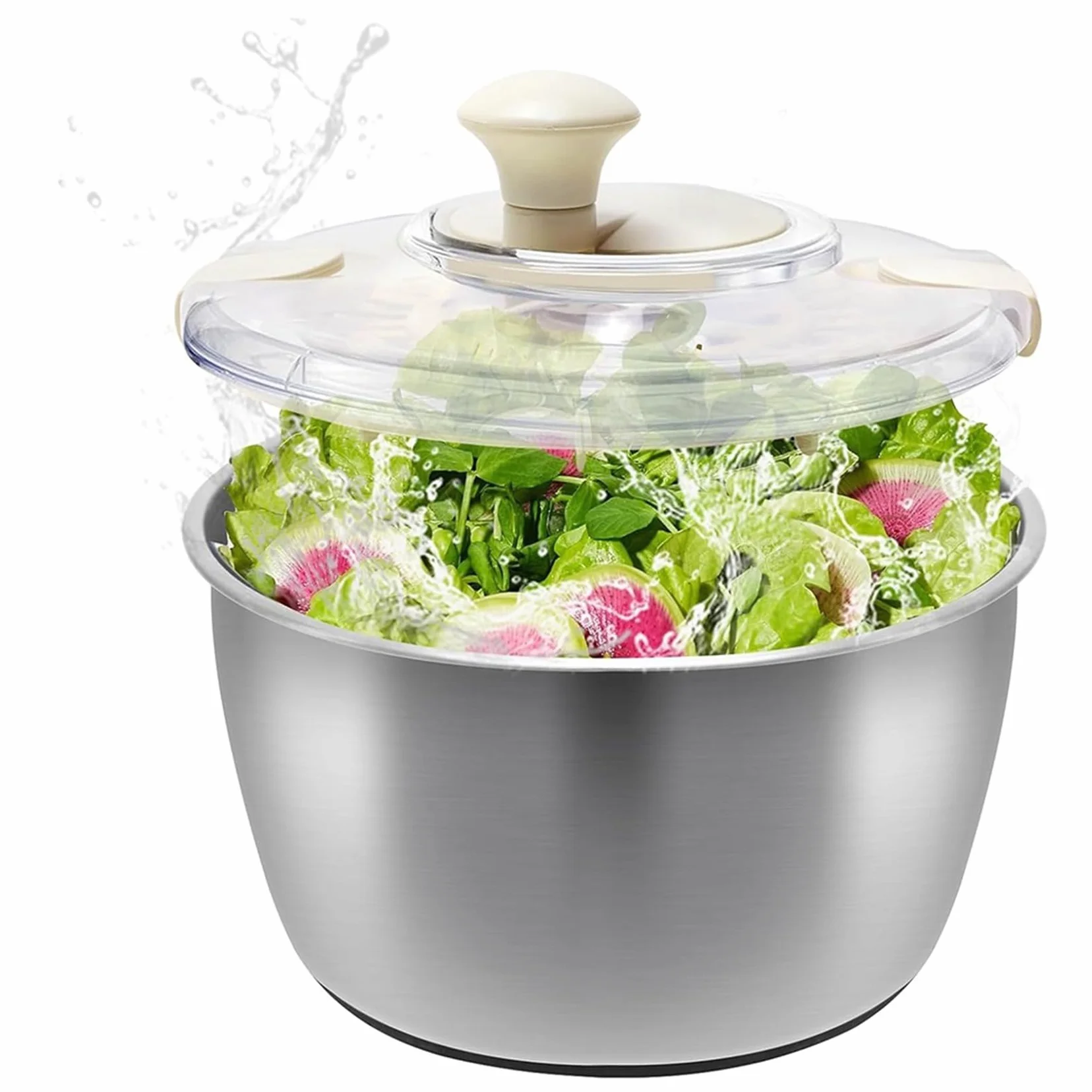 Centrifugadora de Lechuga de Acero Inoxidable con Tapa, Recipiente, Escurridor y Base Antideslizante. Manual Compacto con de Apertura Rápida.