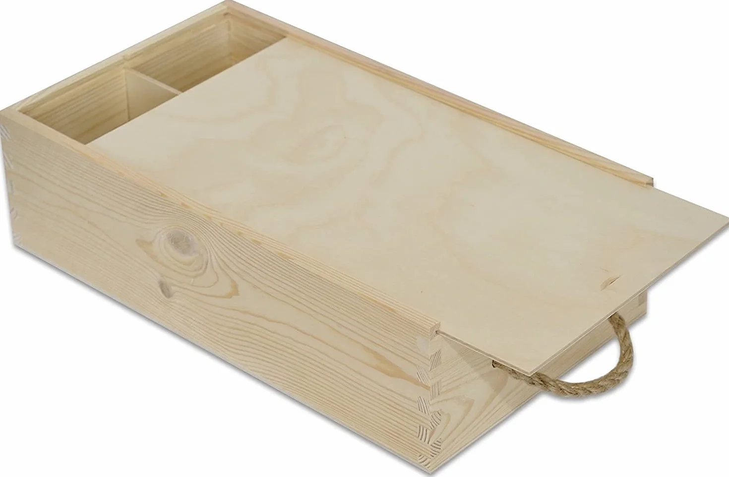 ADRI. Caja de madera para vino con virutas de relleno | 2 Botellas | Tapa corredera en DM y asas para transportar. Medidas de la caja 35 x 21 x 11 cm