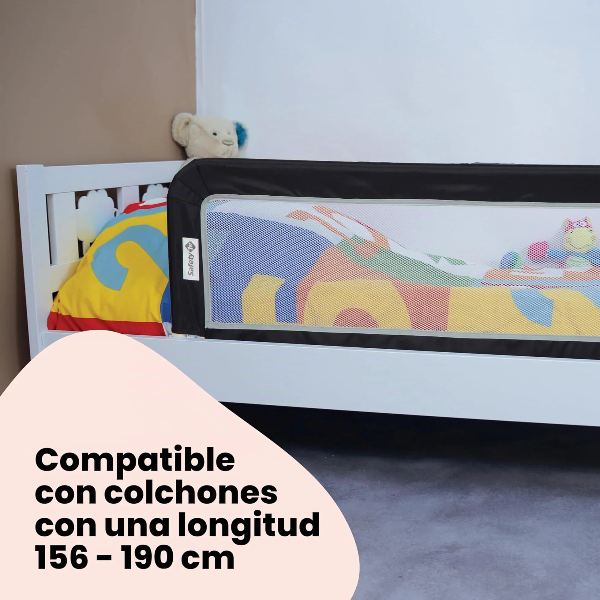 Safety 1st Barrera Cama Portátil 106 x 42cm, Barrera de Seguridad Niños Cama Plegable, 18M-5A, Barrera Cama Niños Viaje, Tejido de Malla, Fácil Instalación, Bloqueo Automático, Fácil Transporte, Grey