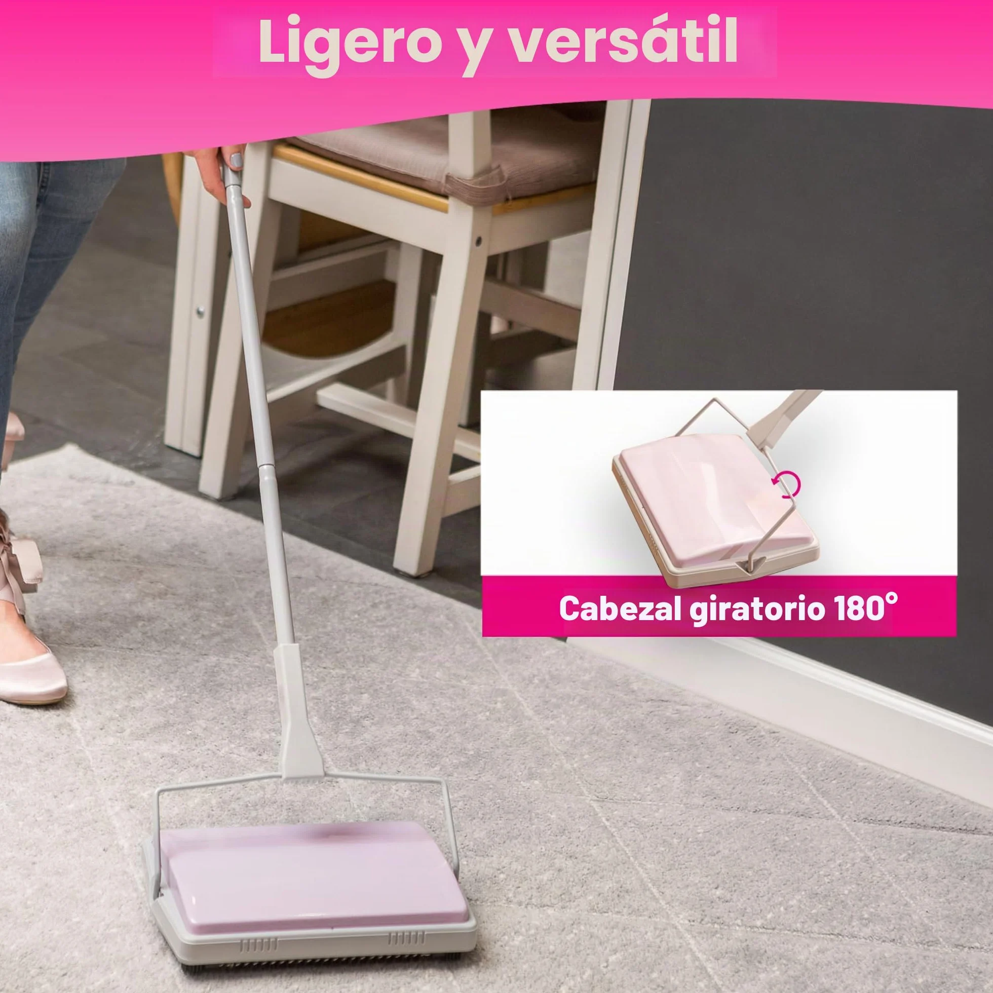 York Escoba Mecánica Recorrido Escoba De Alfombra para Recoger Las Suciedades Sweep Manual Sweeper Barredora de Mano Mopa para alfombras on Cuatro Ruedas Suaves Delgada Y Compacta Gris-Rosa