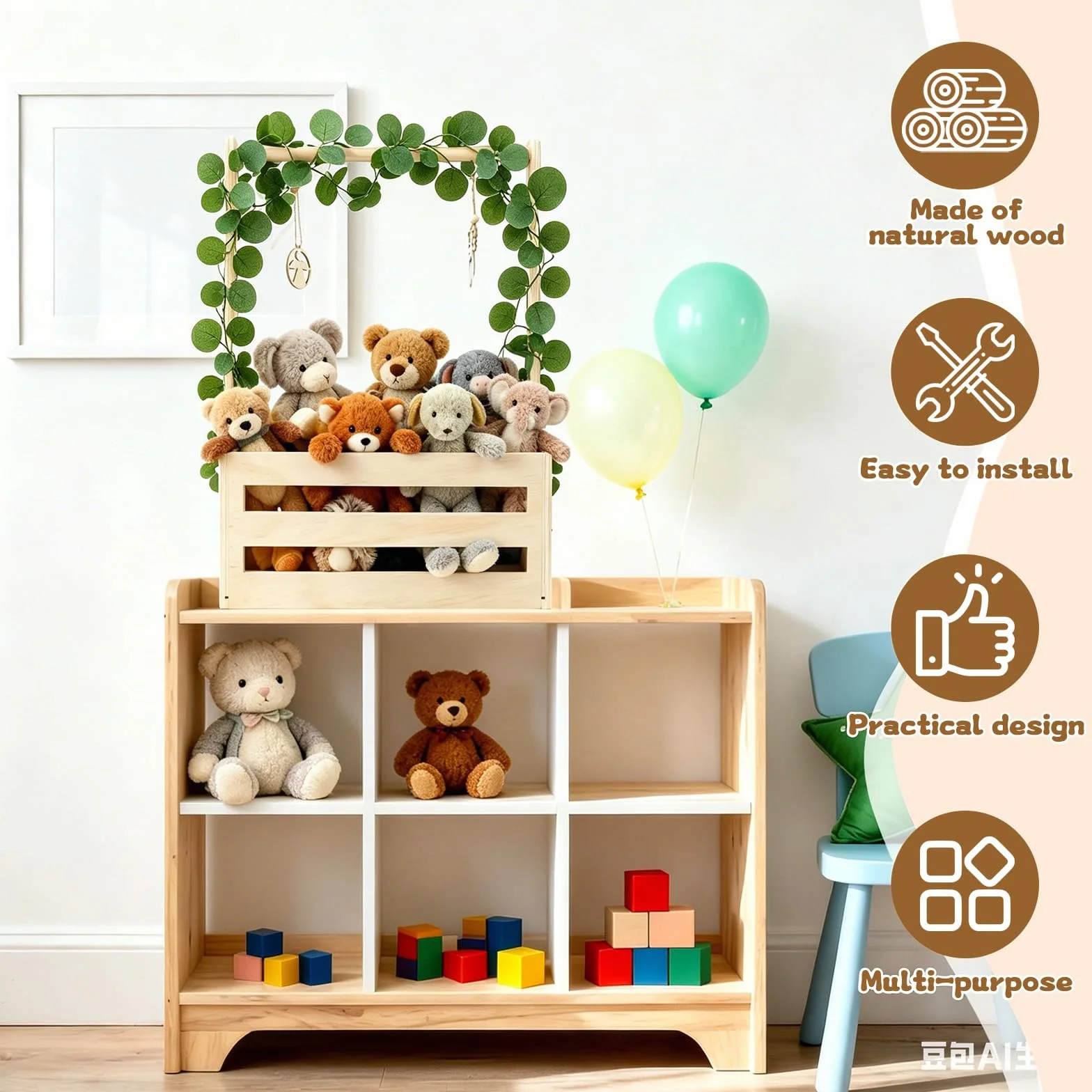 Cesta de Madera para Bebé con Asa, Regalo Baby Shower, Armario Práctico