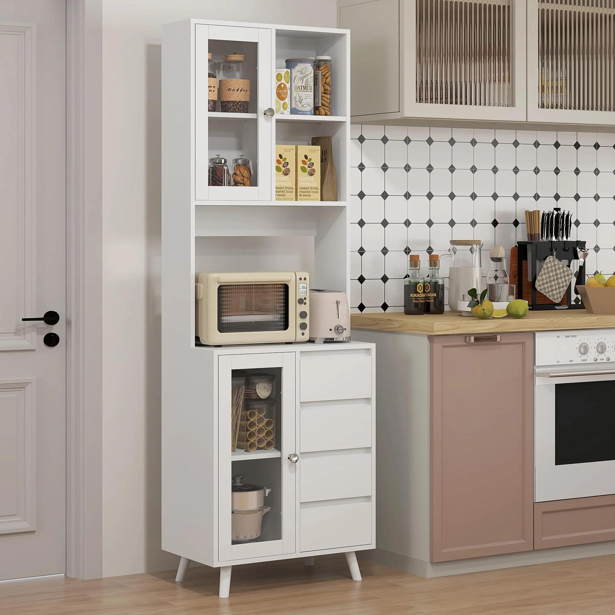 HOMCOM Alacena de Cocina Armario de Cocina Buffet Aparador con 2 Puertas de Vidrio Compartimentos Abiertos 4 Cajones y Estantes Ajustables 60x35x180 cm Blanco