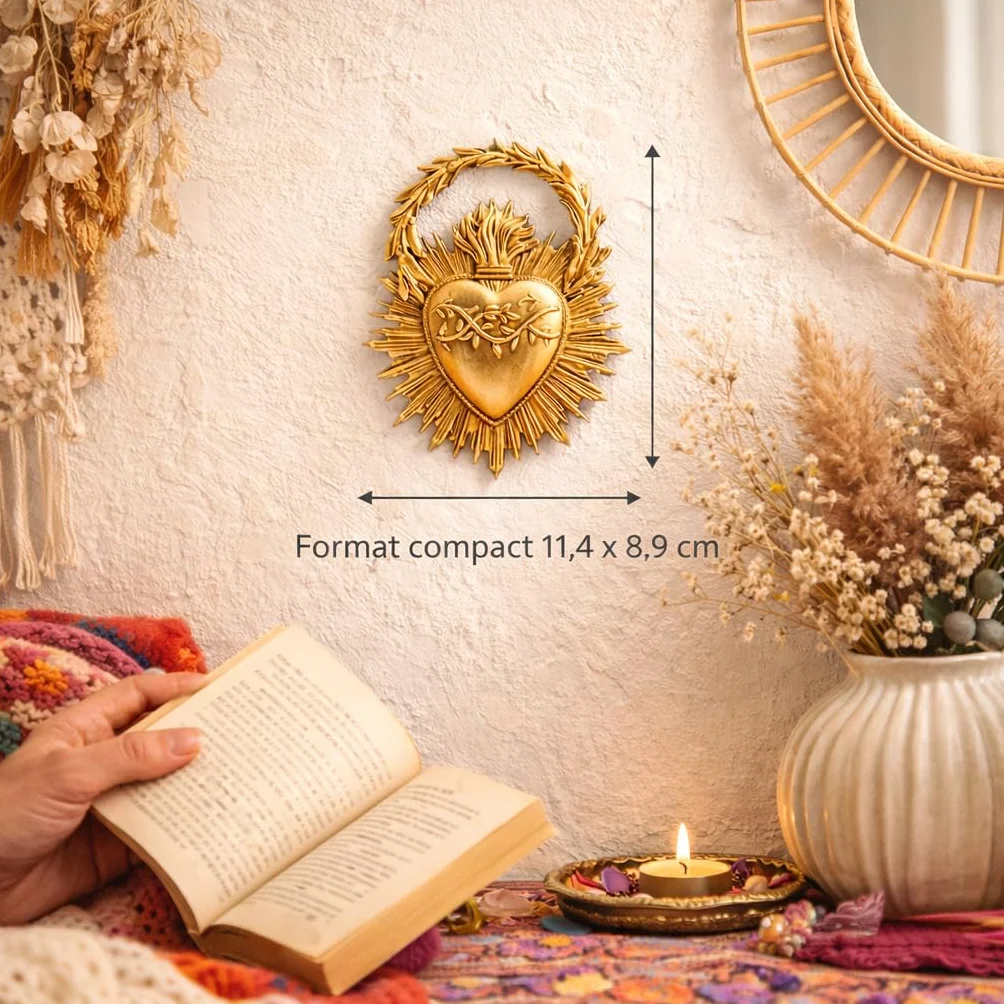 Genérico Ex-Voto Sagrado Corazón Decorativo, Corona de Laurel Dorada, Hermosa Fabricación Tamaño: 11,4 cm x 8,9 cm, Perfecto para coleccionistas de Ex-Votos