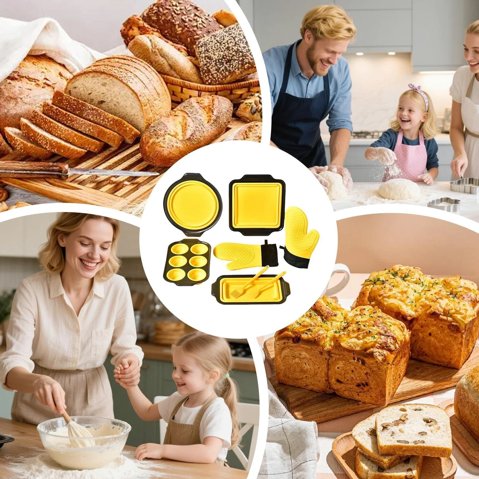 Molde de Silicona para Hornear Vajilla Flexible para Hornear | con Guante, Rasqueta y Cepillo Set Apilable para Magdalenas Pan Galletas Muffins Huevos Donuts Tostador Horno Apartamento