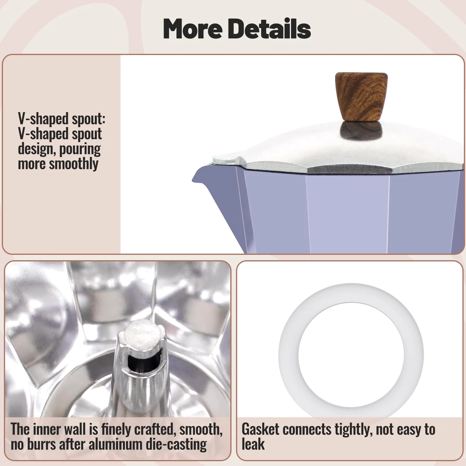 Cafetera moca clásica de aluminio para 3 tazas, 150 ml, cafetera, percoladora, cafetera Mocha Express, cafeteras preferidas para café italiano y cubano, color morado