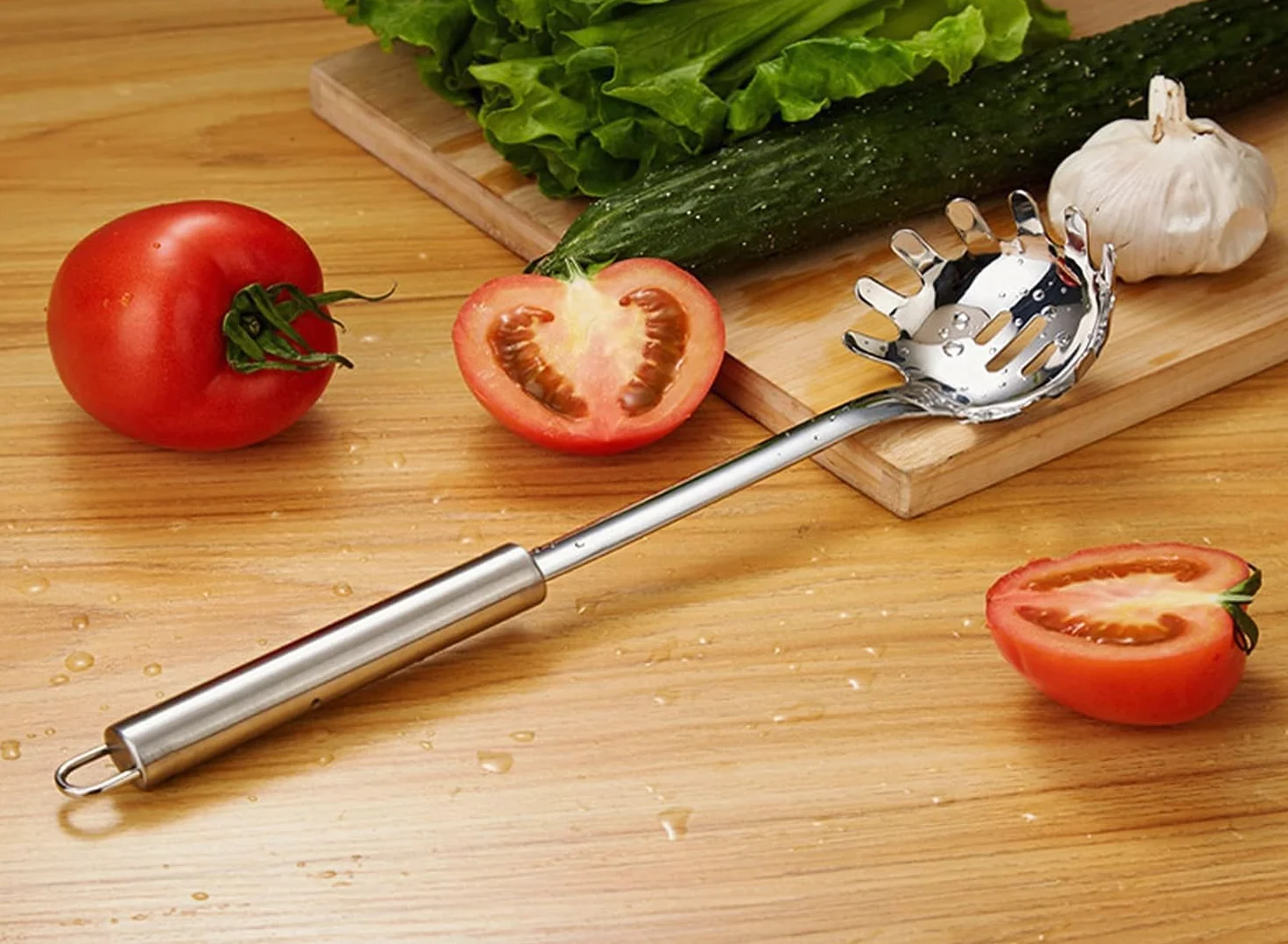 Cuchara de espagueti, cuchara de pasta, cortador de espaguetis, servidor de pasta de acero inoxidable duradero, servidor de tenedor de pasta, resistente al calor, 30 cm
