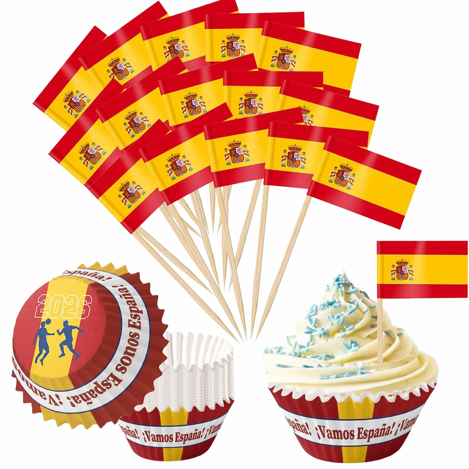 YESAH Decoraciones Fútbol para el Mundial 2026,100P Mundial España Banderas de Palillo,100 Moldes Cupcake Bandera Española para Toppers Pastel,Cápsulas Magdalenas,Fiesta Fan, ¡Vamos España!