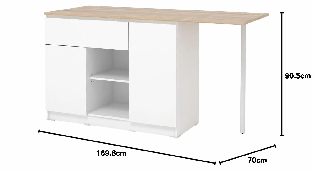 Venta-Unica - Isla Central de Cocina con 2 Puertas, 1 cajÛn y 2 estantes - Blanco y Natural Claro - TUNORI